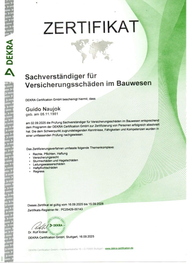 DEKRA Zertifikat Guido Naujok - Sachverständiger für Versicherungsschäden im Bauwesen, Bausachverständiger Bergen auf Rügen